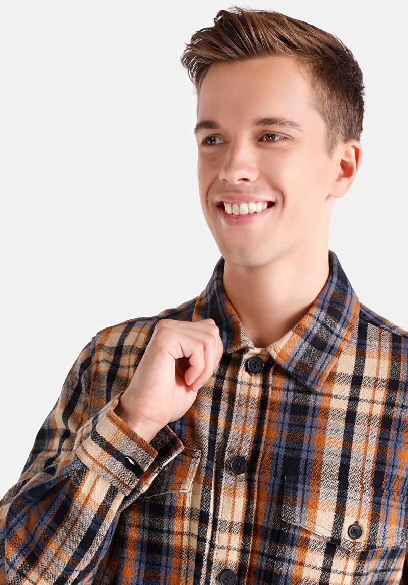 Afișați detalii pentru Cămașă Comfort Fit Neck Cămașă În Carouri Cămașă Cu Mânecă Lungă Maro Pentru Bărbați