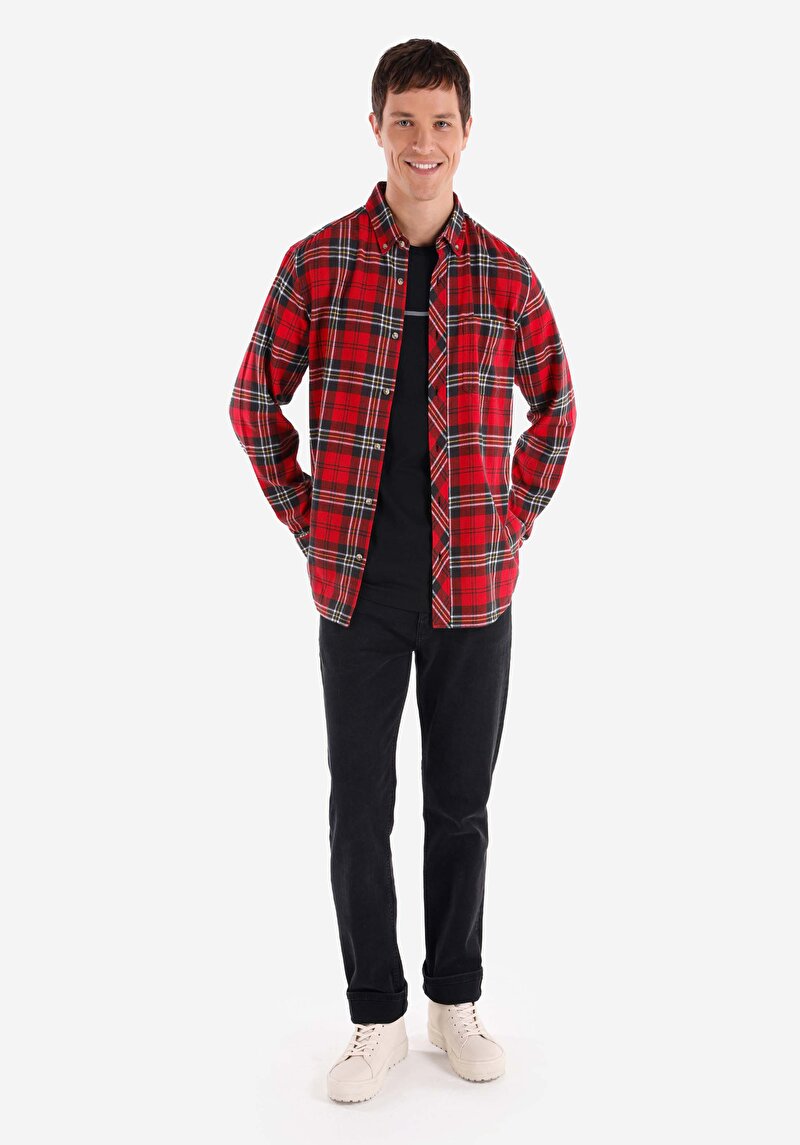 Imagine a Regular Fit Cămașă Gât În Carouri Cămașă Roșie Cu Mânecă Lungă Pentru Bărbați