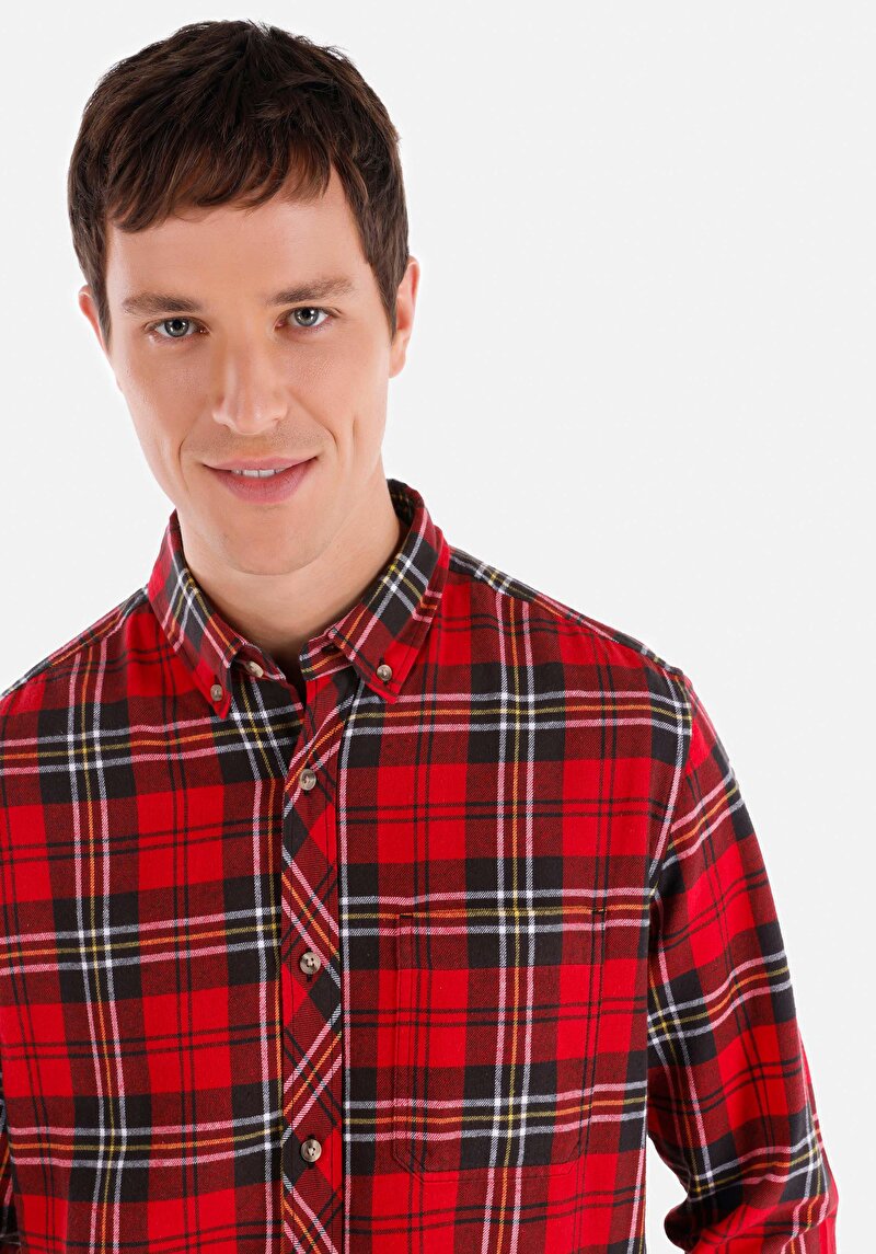 Afișați detalii pentru Regular Fit Cămașă Gât În Carouri Cămașă Roșie Cu Mânecă Lungă Pentru Bărbați