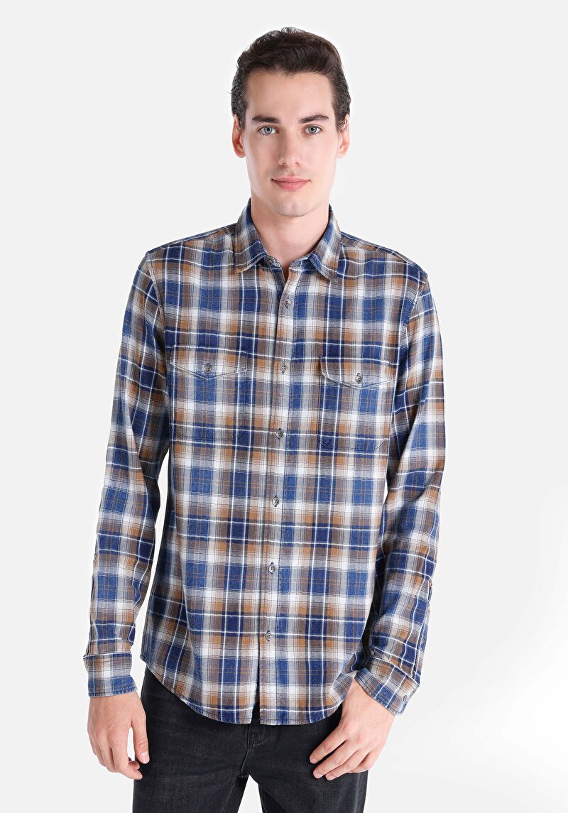 Imagine a Cămașă Slim Fit Gât În Carouri Cămașă Albastră Cu Mânecă Lungă Pentru Bărbați