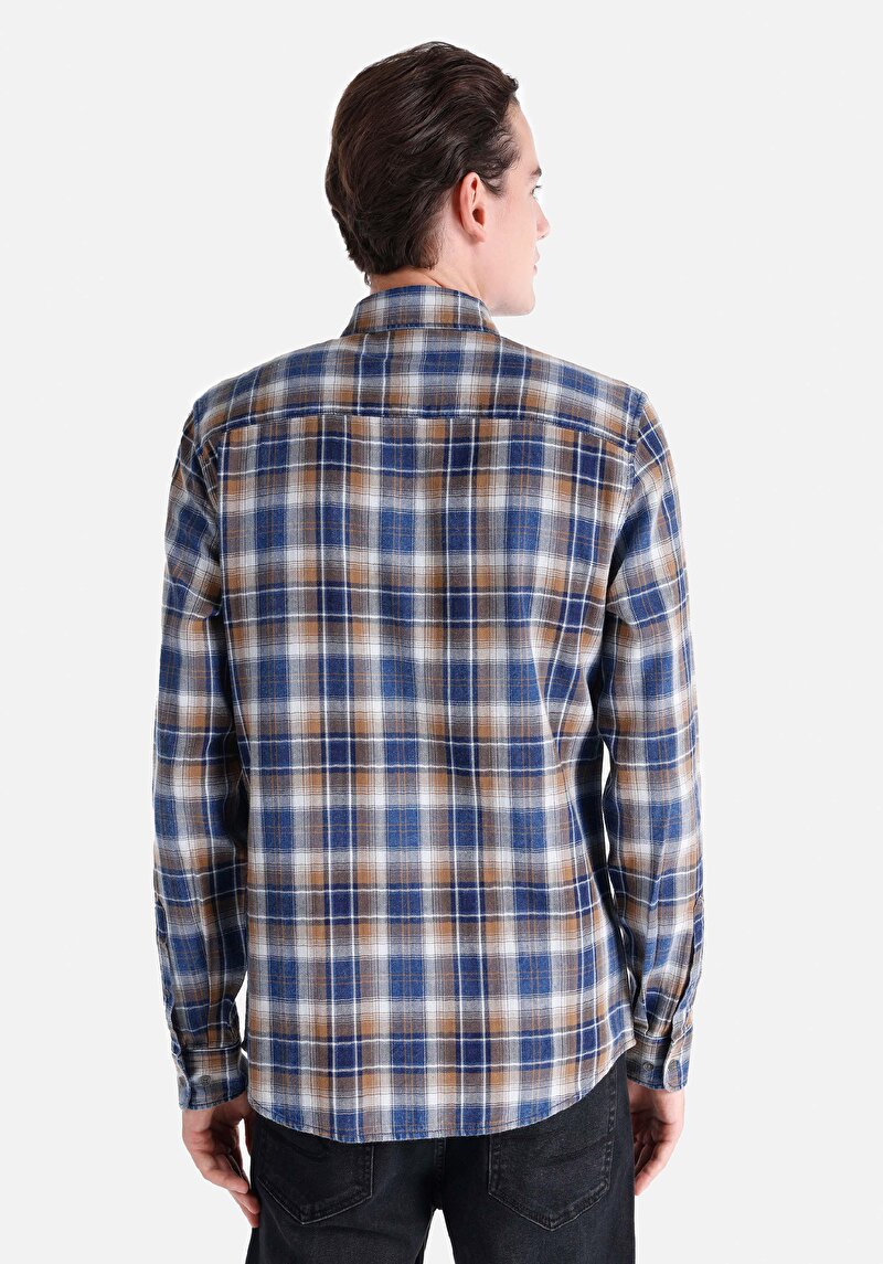 Afișați detalii pentru Cămașă Slim Fit Gât În Carouri Cămașă Albastră Cu Mânecă Lungă Pentru Bărbați