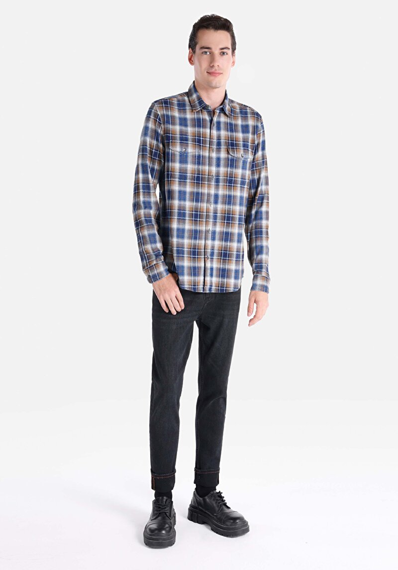 Afișați detalii pentru Cămașă Slim Fit Gât În Carouri Cămașă Albastră Cu Mânecă Lungă Pentru Bărbați