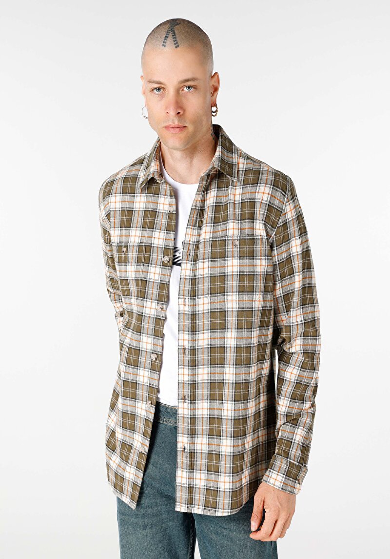 Imagine a Regular Fit Cămașă Gât În Carouri Cămașă Verde Cu Mânecă Lungă Pentru Bărbați