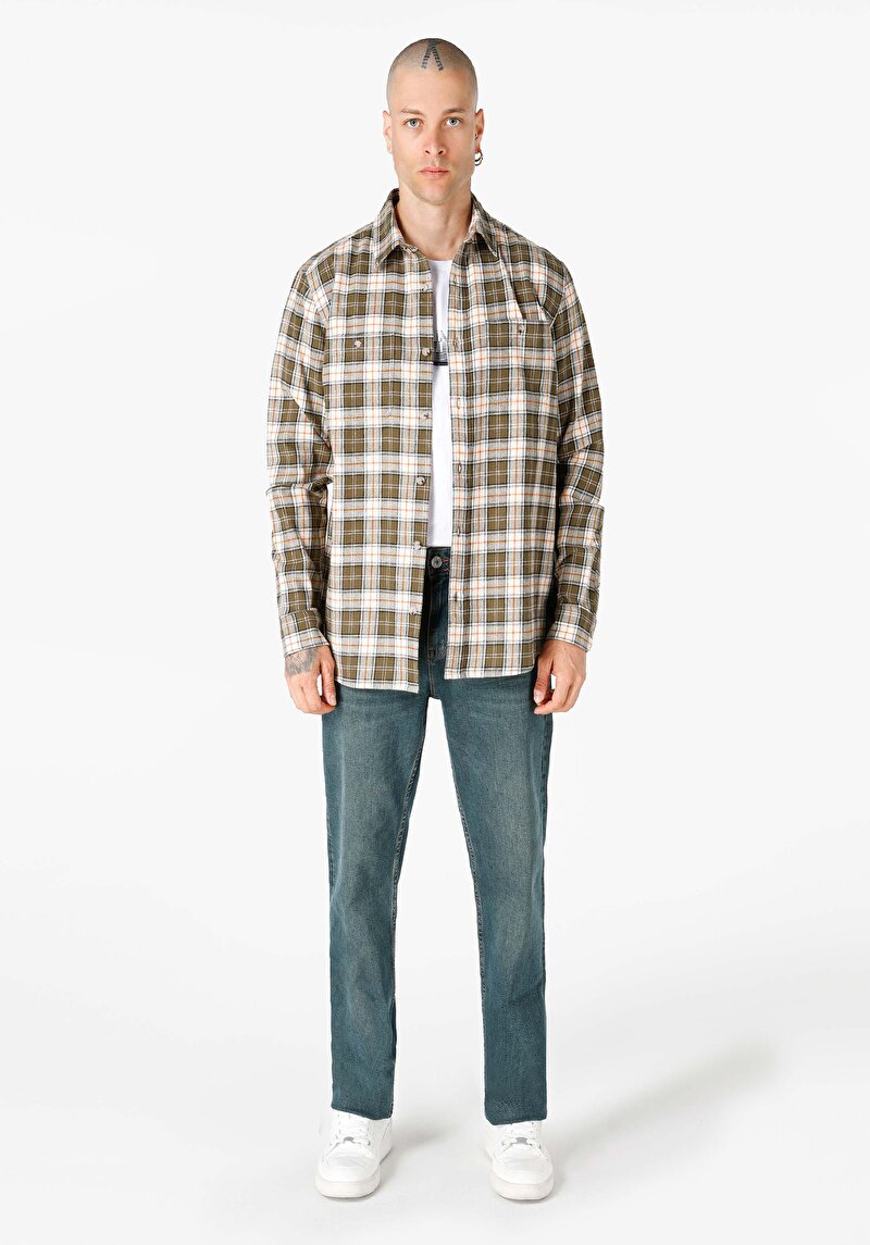 Imagine a Regular Fit Cămașă Gât În Carouri Cămașă Verde Cu Mânecă Lungă Pentru Bărbați