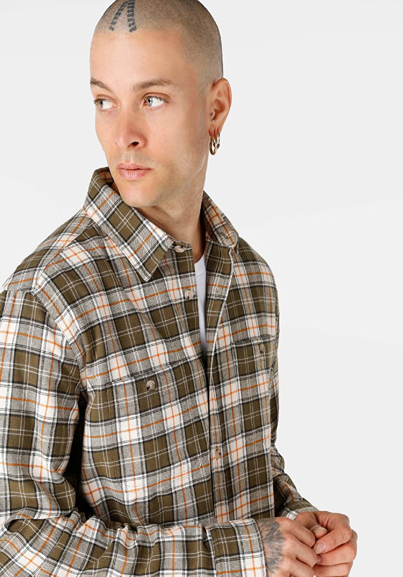 Afișați detalii pentru Regular Fit Cămașă Gât În Carouri Cămașă Verde Cu Mânecă Lungă Pentru Bărbați