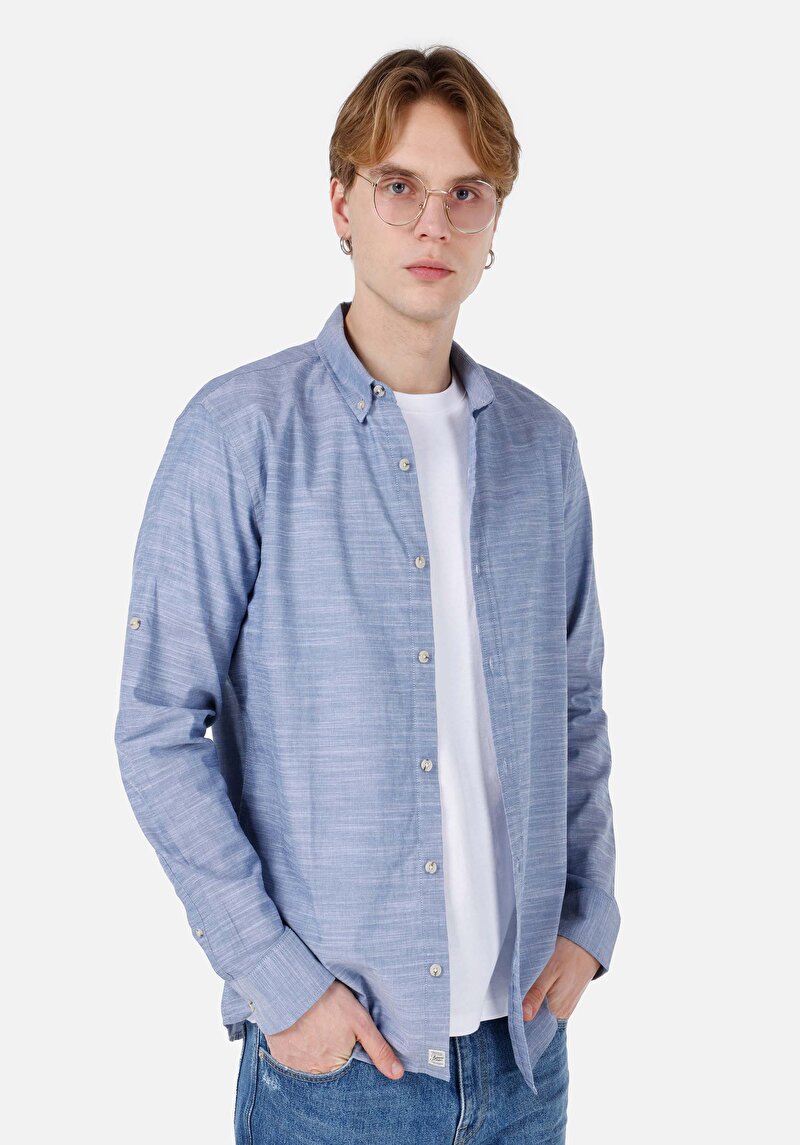 Imagine a Cămașă Regular Fit Neck Drept Cămașă Albastră Roll-Up Pentru Bărbați