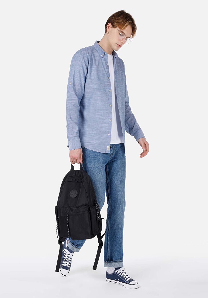 Imagine a Cămașă Regular Fit Neck Drept Cămașă Albastră Roll-Up Pentru Bărbați