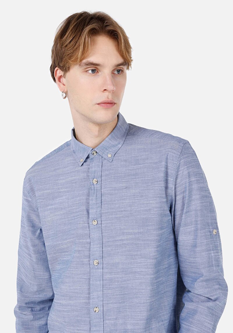 Afișați detalii pentru Cămașă Regular Fit Neck Drept Cămașă Albastră Roll-Up Pentru Bărbați