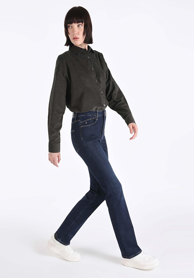 Afișați detalii pentru Slim Fit Talie Trandafir Picior Spaniol Blugi Indigo Pentru Femei