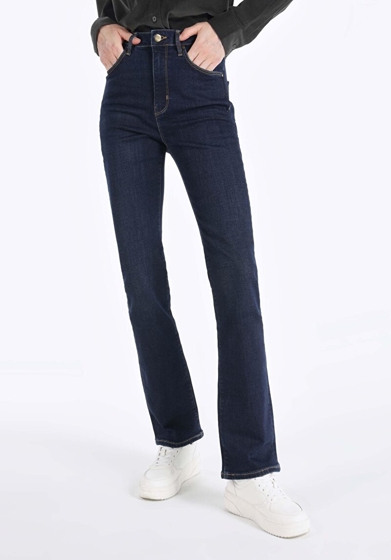 Imagine a Slim Fit Talie Trandafir Picior Spaniol Blugi Indigo Pentru Femei