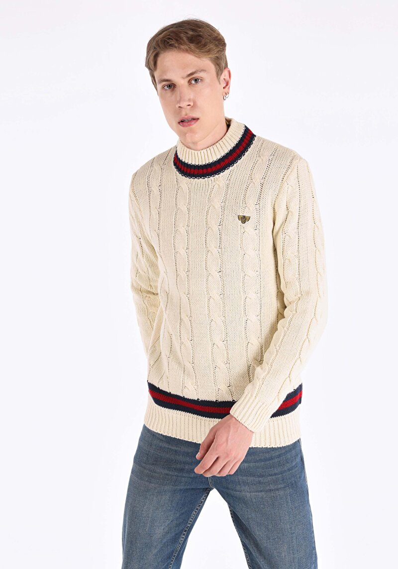 Imagine a Pulover Regular Fit Turtle Neck Jacquard Ecru Pentru Bărbați