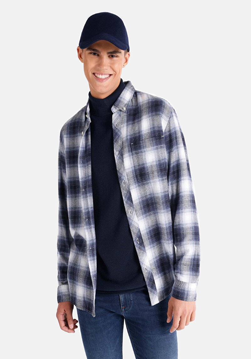 Imagine a Cămașă Cu Gât În Carouri Cămașă Albastră Cu Mânecă Lungă Pentru Bărbați