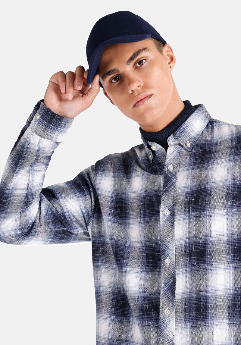 Afișați detalii pentru Cămașă Cu Gât În Carouri Cămașă Albastră Cu Mânecă Lungă Pentru Bărbați