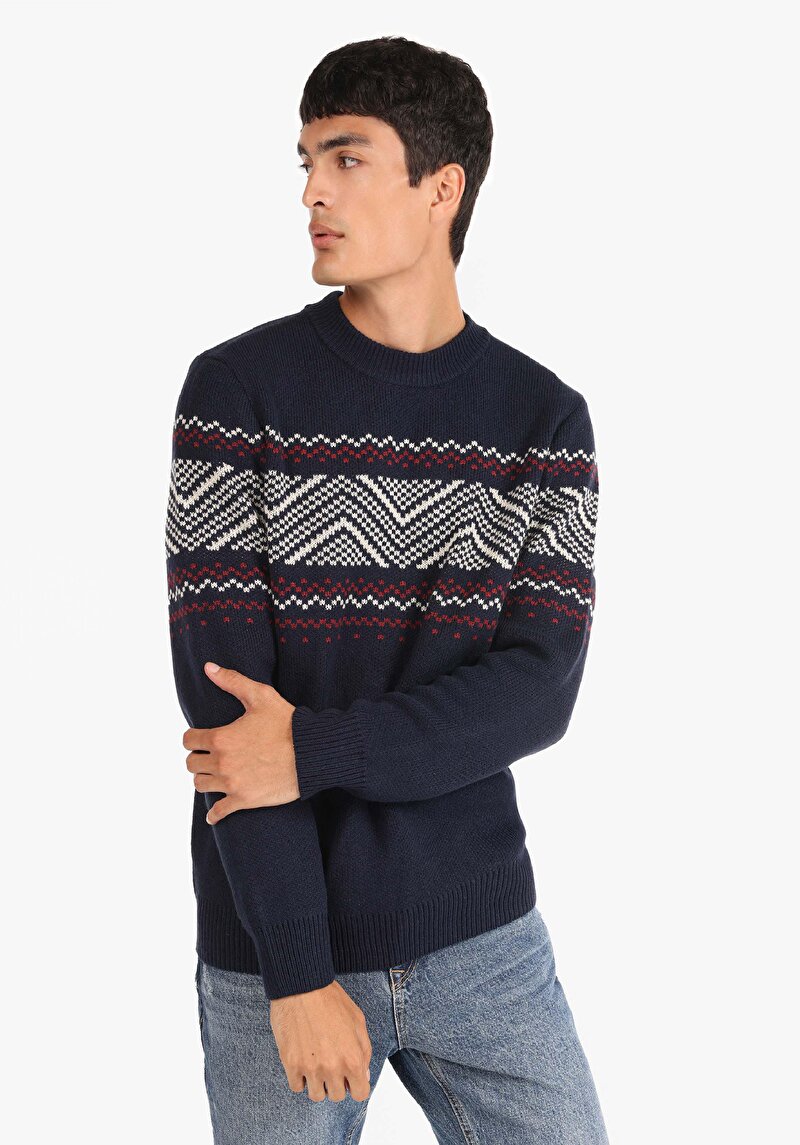 Imagine a Pulover Regular Fit Round Neck Jacquard Bleumarin Pentru Bărbați