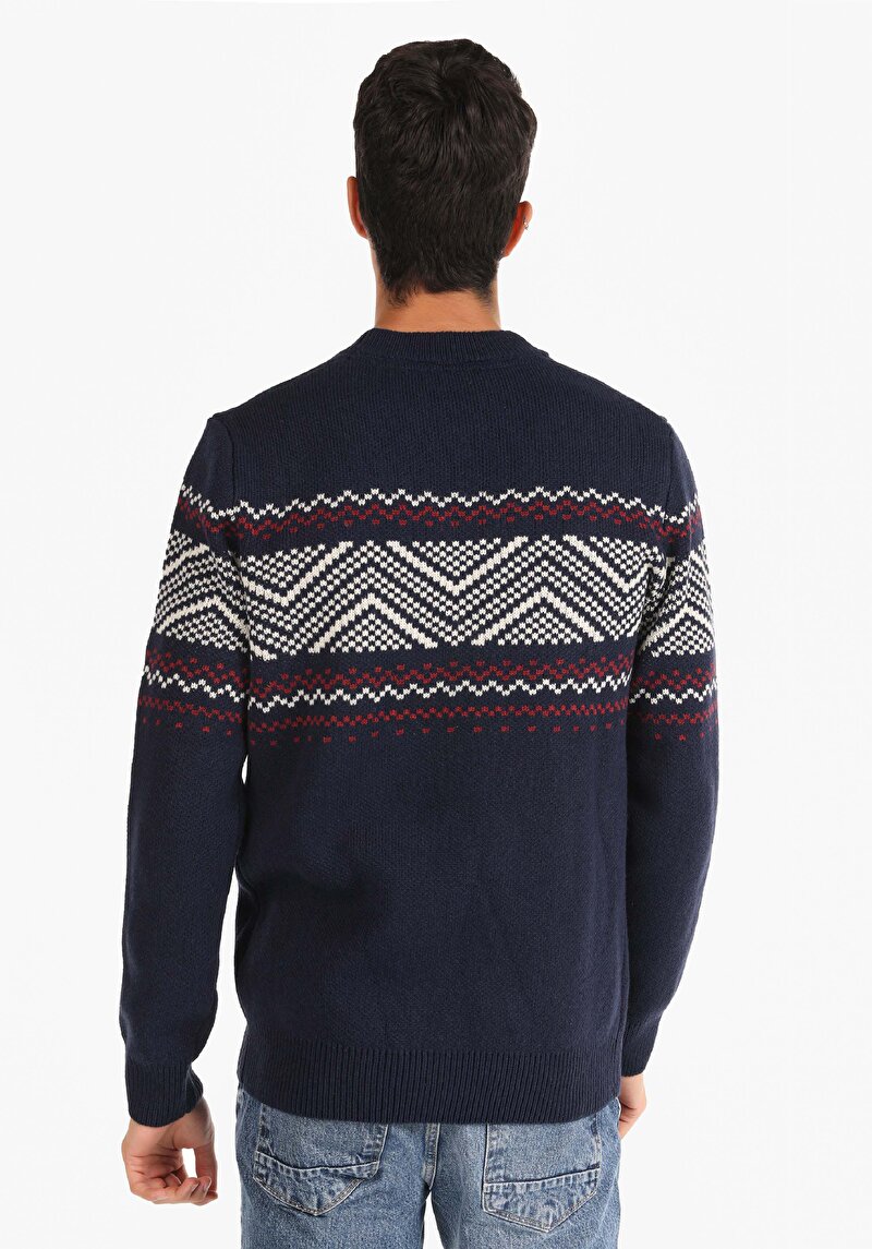 Imagine a Pulover Regular Fit Round Neck Jacquard Bleumarin Pentru Bărbați