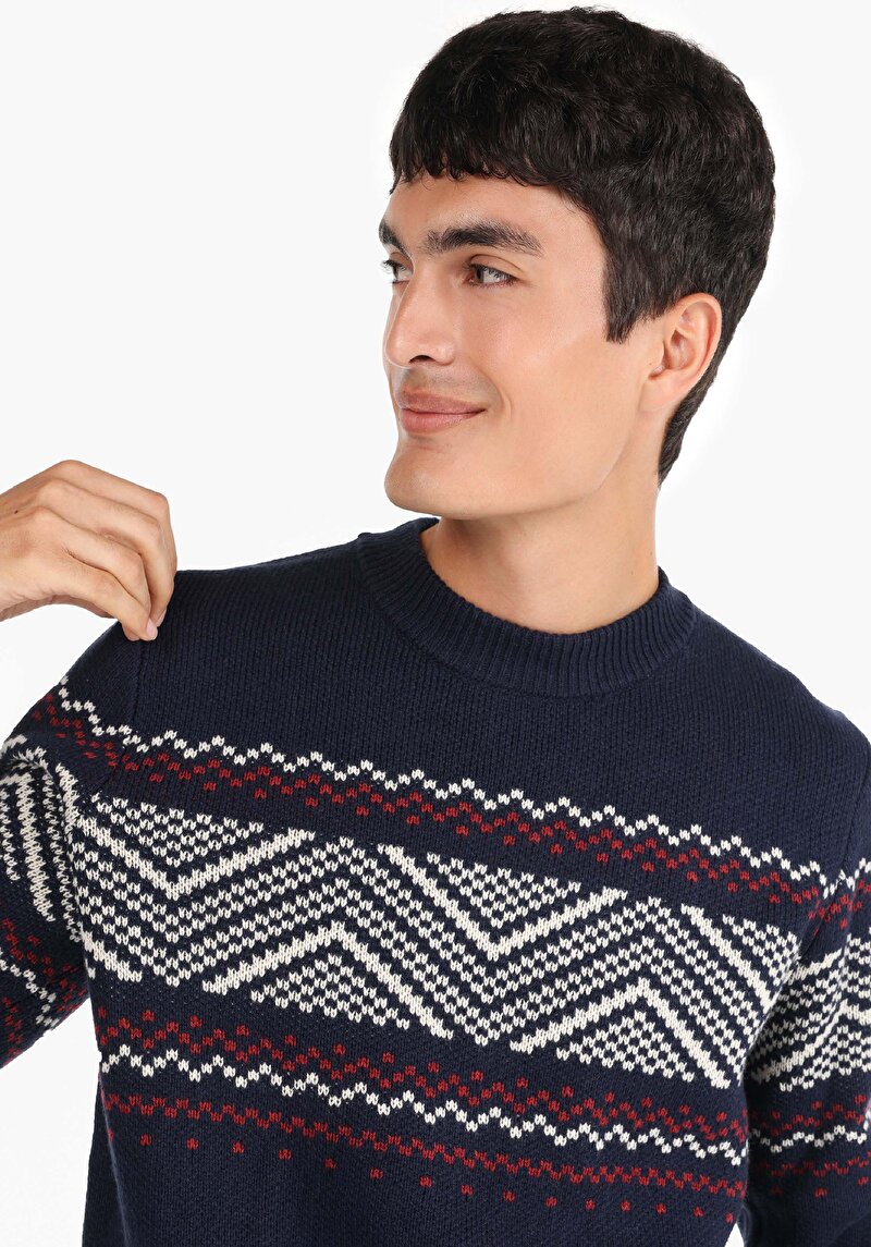 Afișați detalii pentru Pulover Regular Fit Round Neck Jacquard Bleumarin Pentru Bărbați