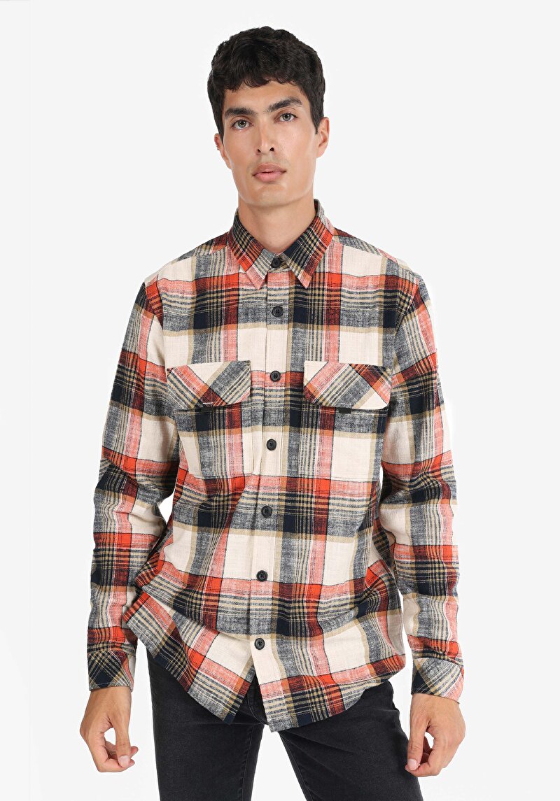 Imagine a Cămașă Cu Gât În Carouri Cămașă Portocalie Cu Mânecă Lungă Pentru Bărbați