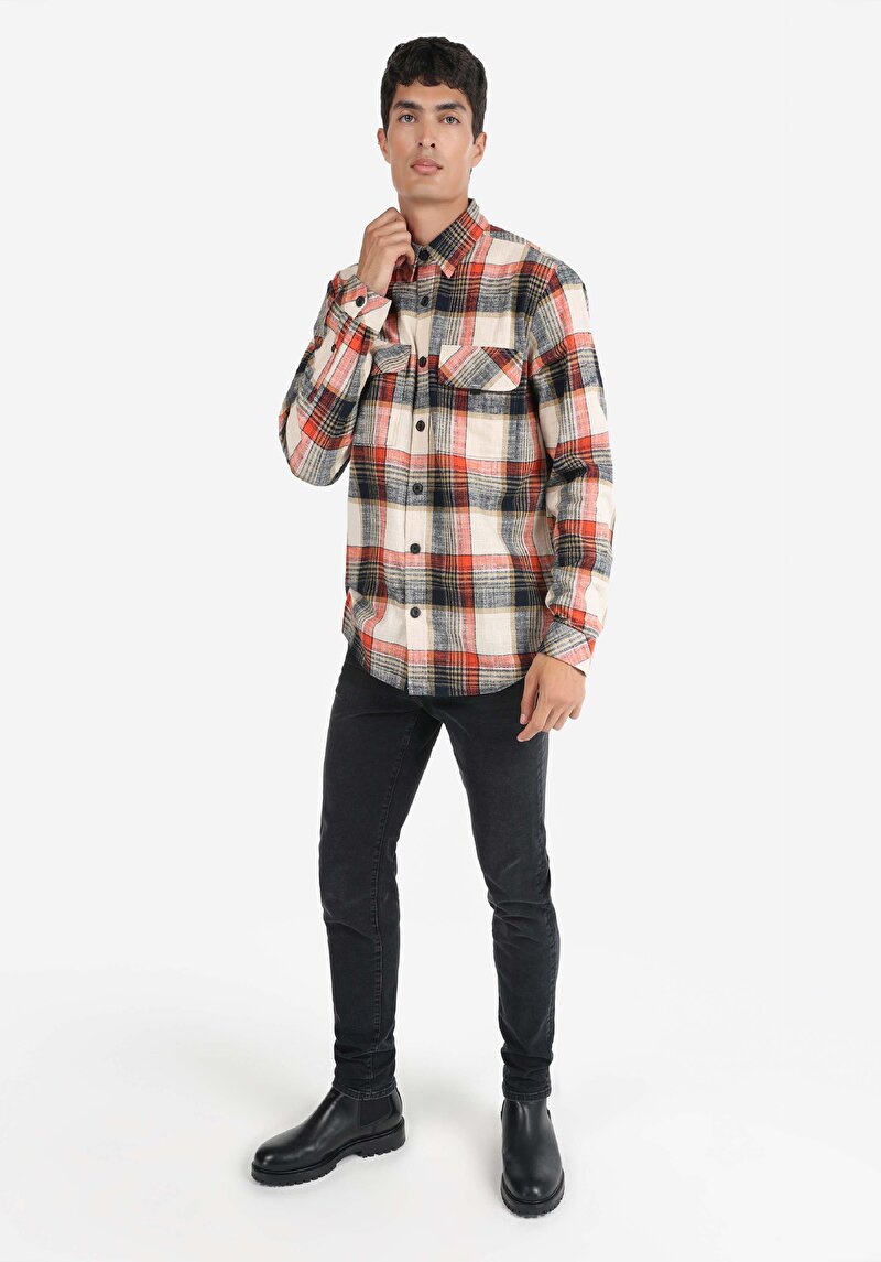 Imagine a Cămașă Cu Gât În Carouri Cămașă Portocalie Cu Mânecă Lungă Pentru Bărbați