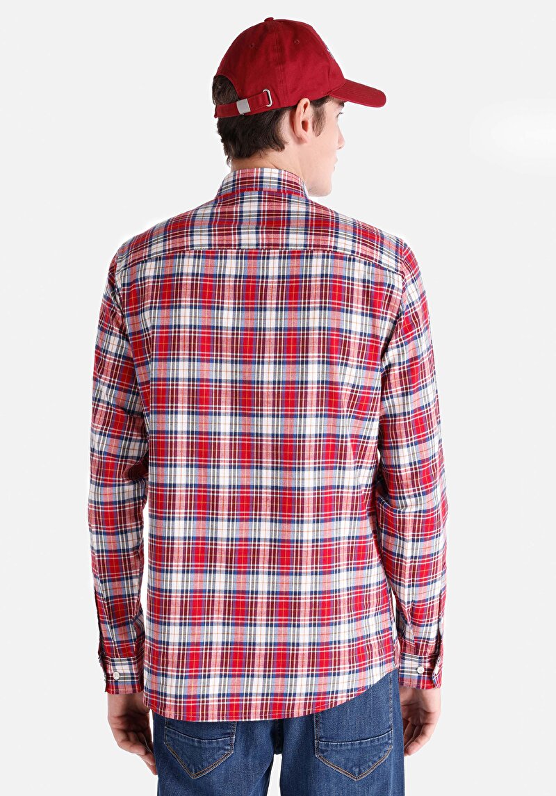 Imagine a Cămașă Slim Fit Gât În Carouri Cămașă Roșie Cu Mânecă Lungă Pentru Bărbați