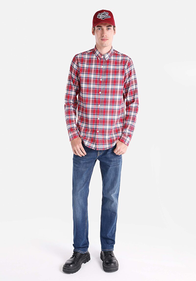 Imagine a Cămașă Slim Fit Gât În Carouri Cămașă Roșie Cu Mânecă Lungă Pentru Bărbați