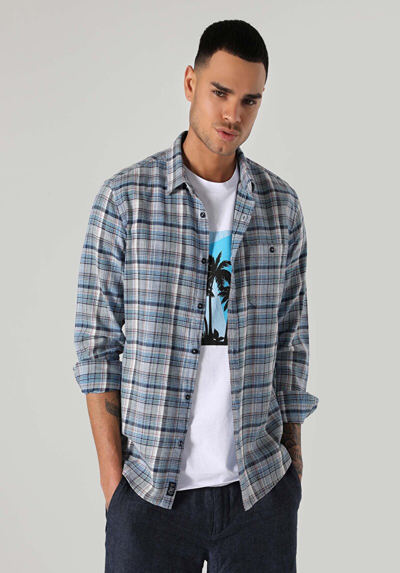 Imagine a Cămașă Slim Fit Gât În Carouri Cămașă Albastră Cu Mânecă Lungă Pentru Bărbați