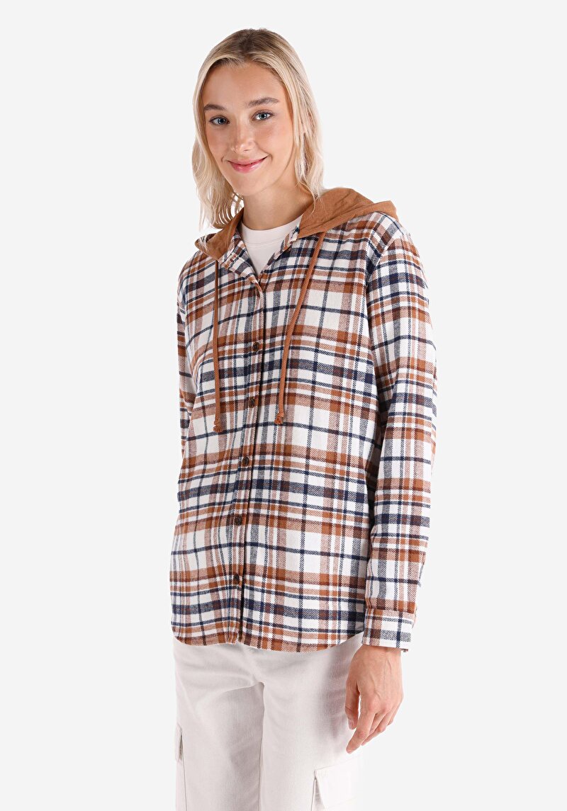 Imagine a Regular Fit Hooded Plaid Cămașă Cu Mânecă Lungă Maro Pentru Femei