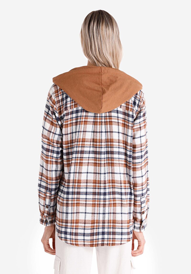 Afișați detalii pentru Regular Fit Hooded Plaid Cămașă Cu Mânecă Lungă Maro Pentru Femei