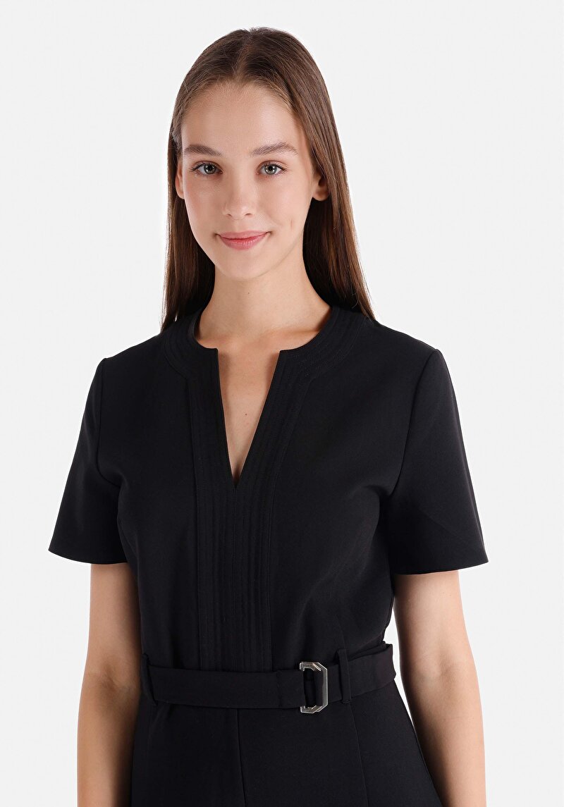 Afișați detalii pentru Rochie Neagră Cu Mânecă Scurtă Pentru Femei Slim Fit