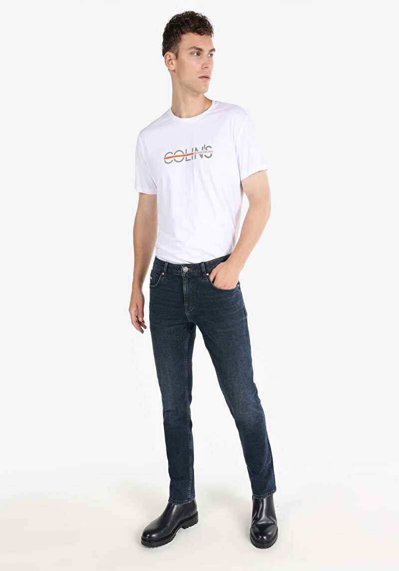 Imagine a Drept Fit Talie Medie Picior Drept Blugi Bleumarin Pentru Bărbați