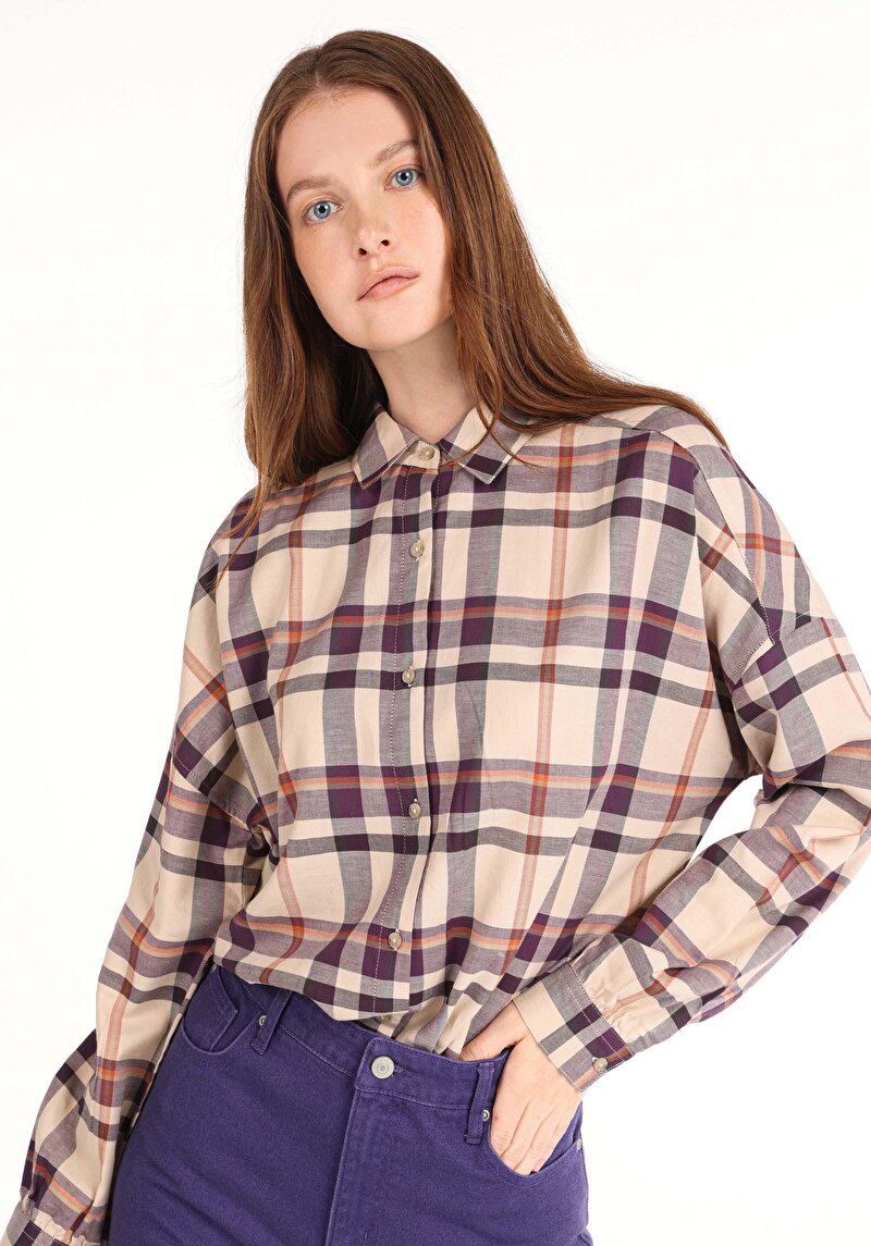 Imagine a Cămașă Cu Croială Relaxată Cămașă În Carouri Cămașă Cu Mânecă Lungă Mov Pentru Femei