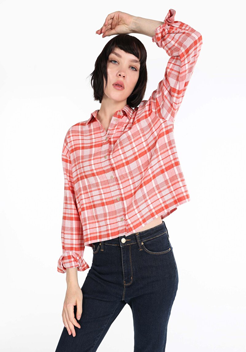 Imagine a Regular Fit Cămașă Gât În Carouri Cămașă Portocalie Cu Mânecă Lungă Pentru Femei