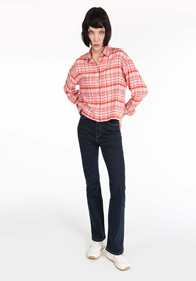 Afișați detalii pentru Regular Fit Cămașă Gât În Carouri Cămașă Portocalie Cu Mânecă Lungă Pentru Femei