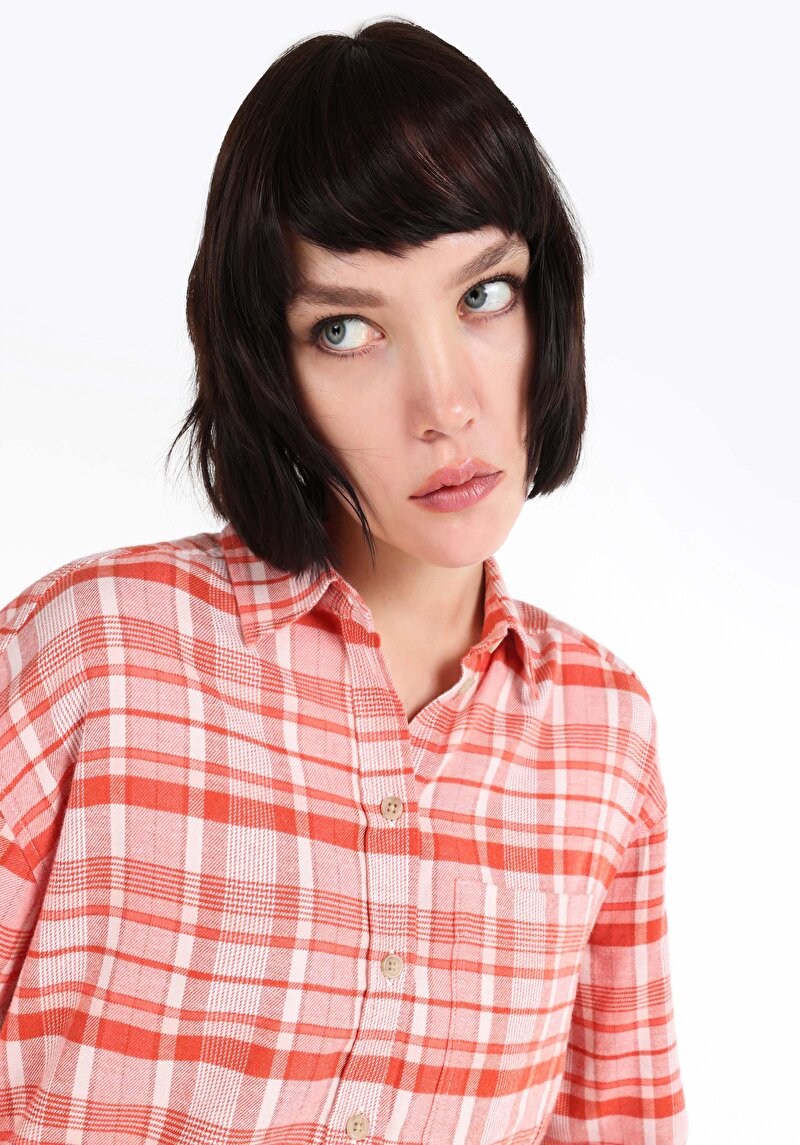 Afișați detalii pentru Regular Fit Cămașă Gât În Carouri Cămașă Portocalie Cu Mânecă Lungă Pentru Femei