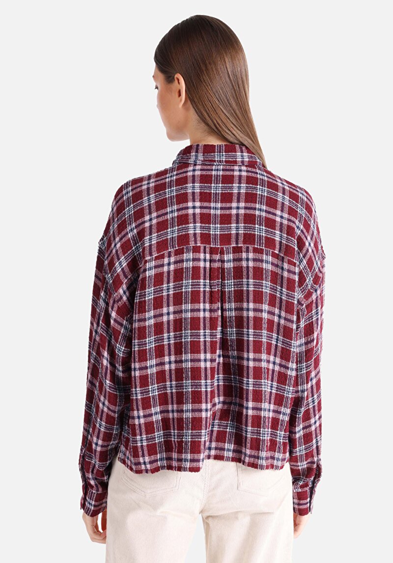 Afișați detalii pentru Cămașă Cu Gât În Carouri Cămașă Cu Mânecă Lungă Visiniu Pentru Femei