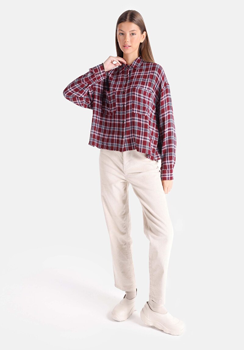 Imagine a Cămașă Cu Gât În Carouri Cămașă Cu Mânecă Lungă Visiniu Pentru Femei