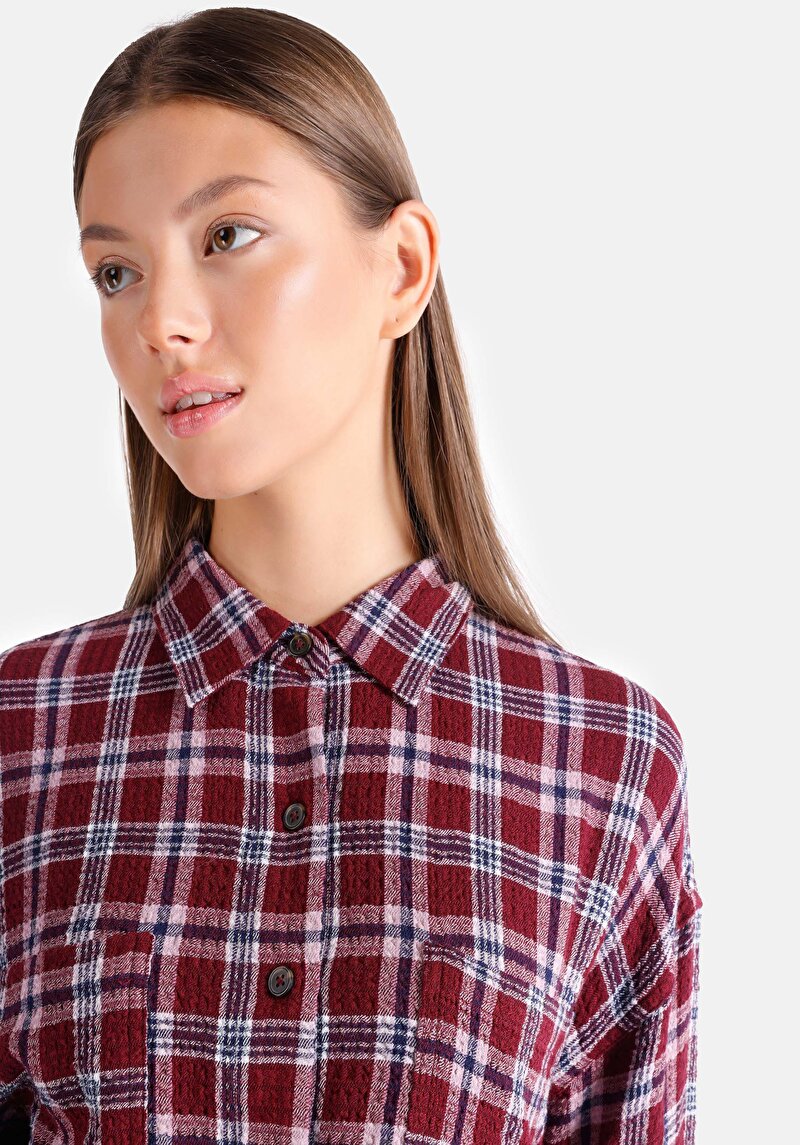 Afișați detalii pentru Cămașă Cu Gât În Carouri Cămașă Cu Mânecă Lungă Visiniu Pentru Femei