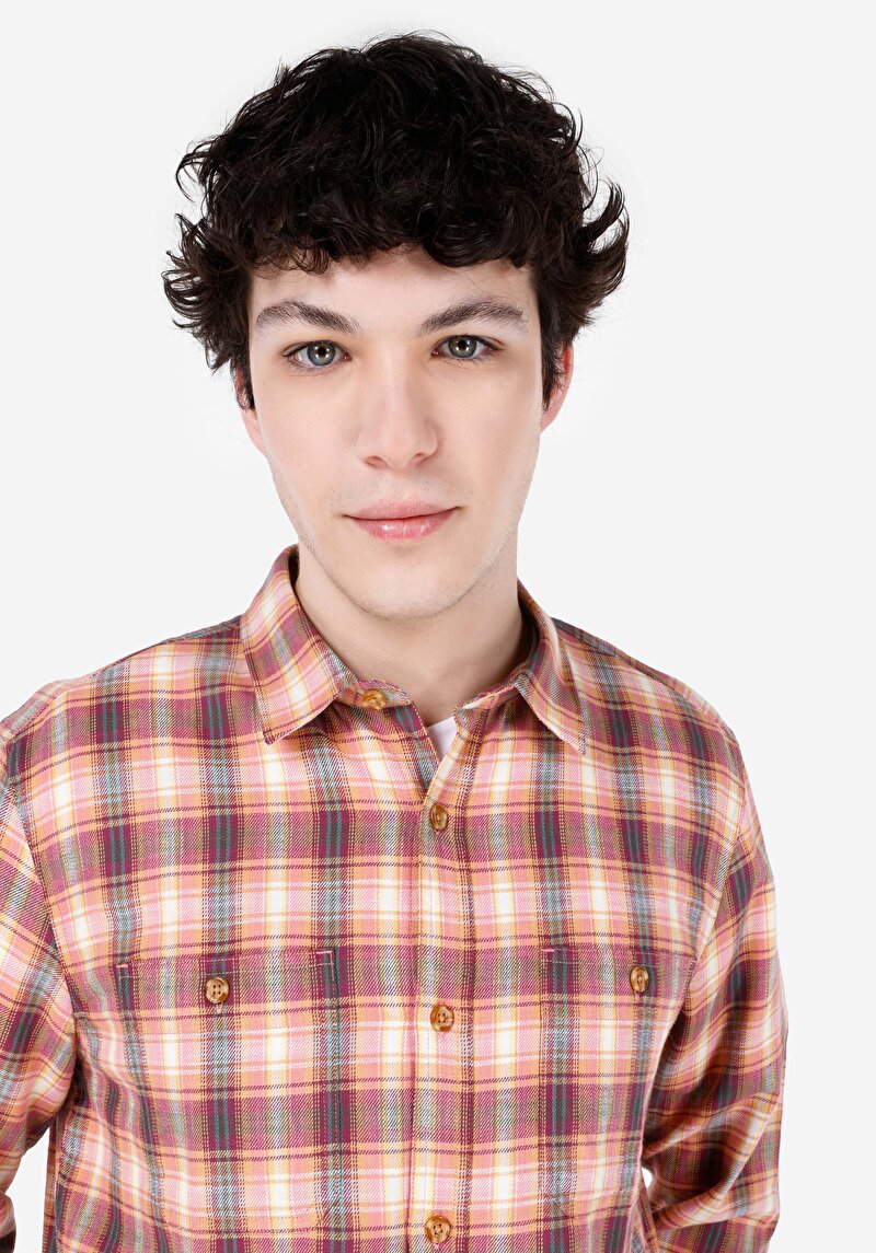 Afișați detalii pentru Cămașă Cu Gât În Carouri Cămașă Cu Mânecă Lungă Roz Pentru Bărbați