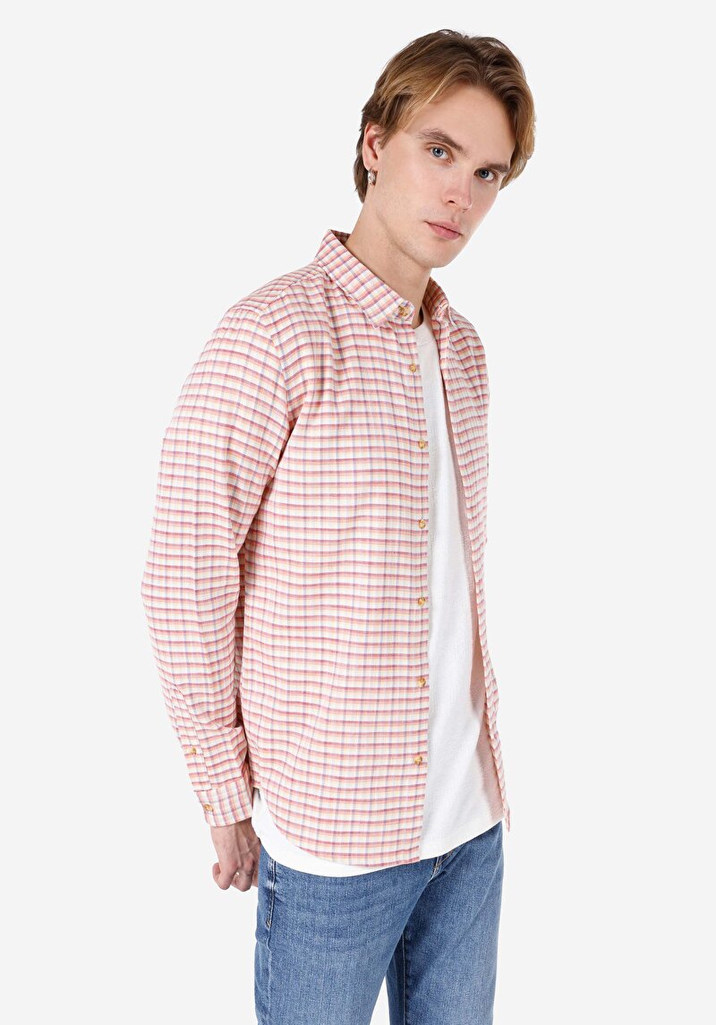 Imagine a Cămașă Slim Fit Cămașă Cu Mânecă Lungă Portocalie Pentru Bărbați În Carouri