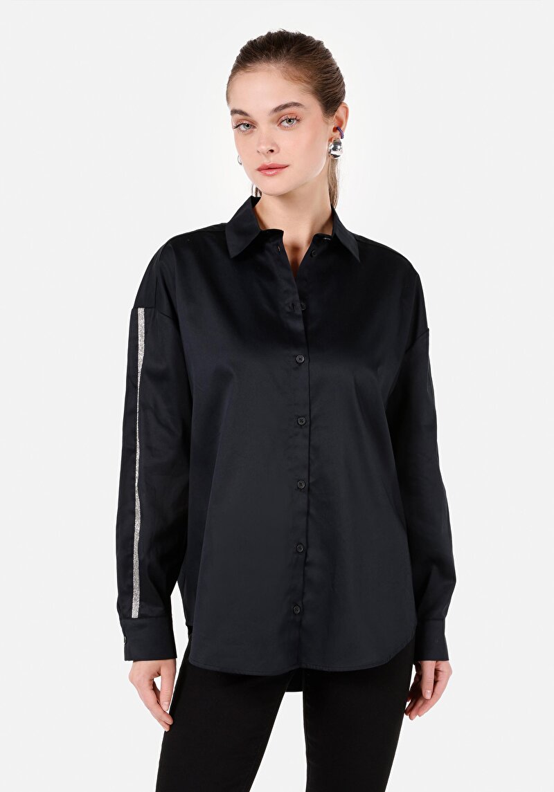 Imagine a Cămașă Relax Fit Neck Cămașă Neagră Cu Mânecă Lungă Pentru Femei