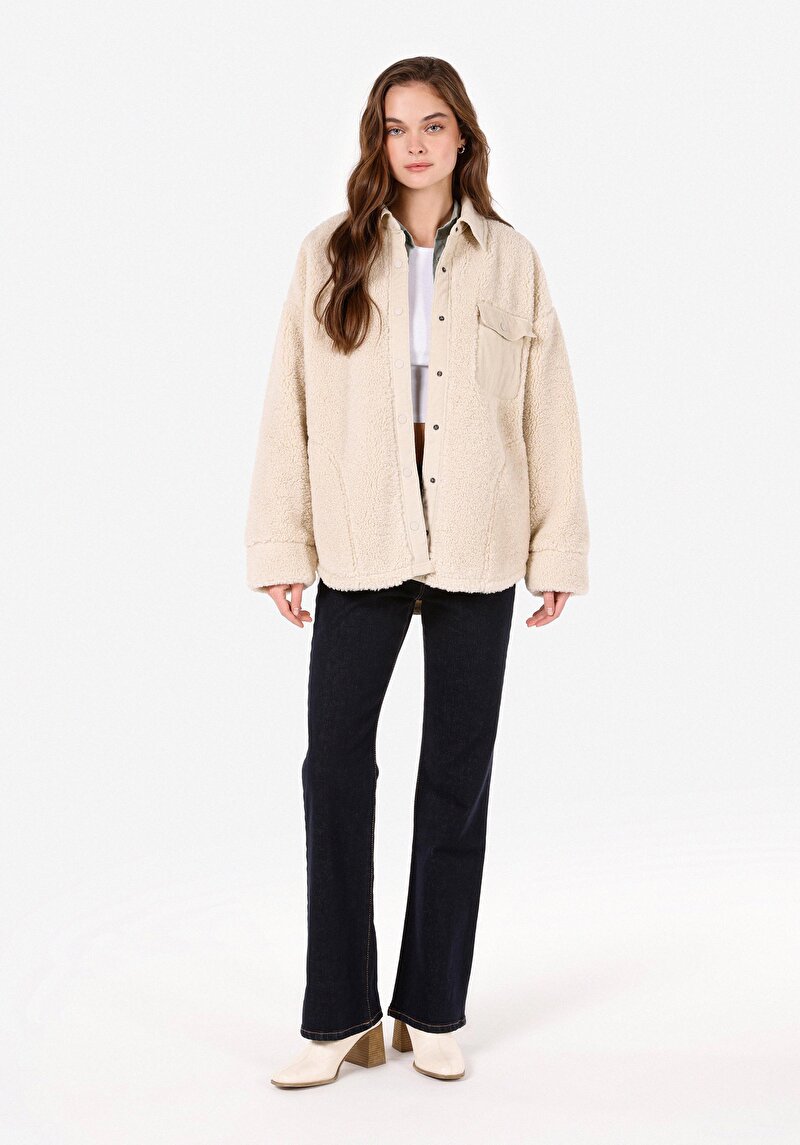 Afișați detalii pentru Regular Fit Cămașă Gât Femei Palton Bej