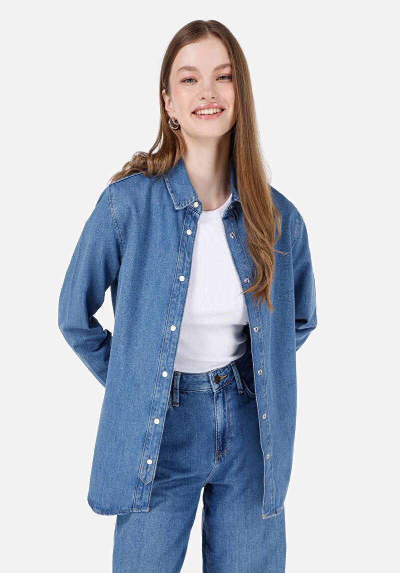 Imagine a Slim Fit Classic Collar Drept Cămașă Albastră Cu Mânecă Lungă Pentru Femei