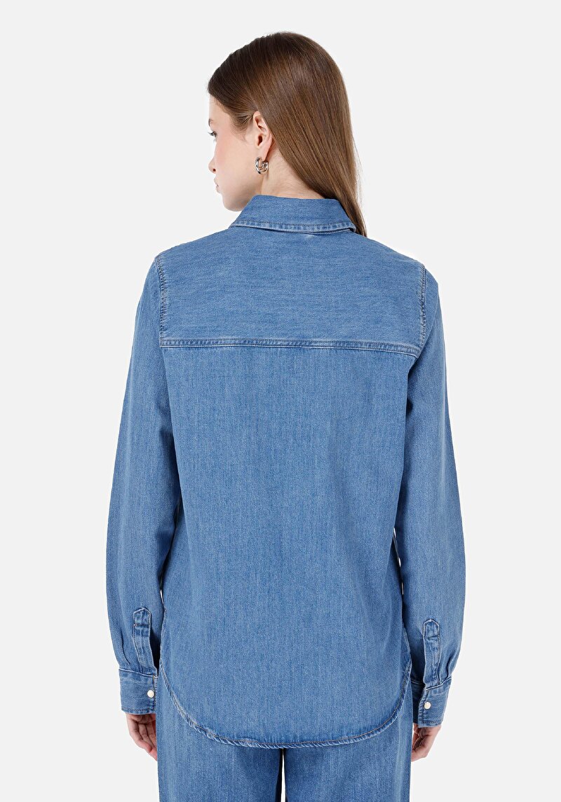 Afișați detalii pentru Slim Fit Classic Collar Drept Cămașă Albastră Cu Mânecă Lungă Pentru Femei