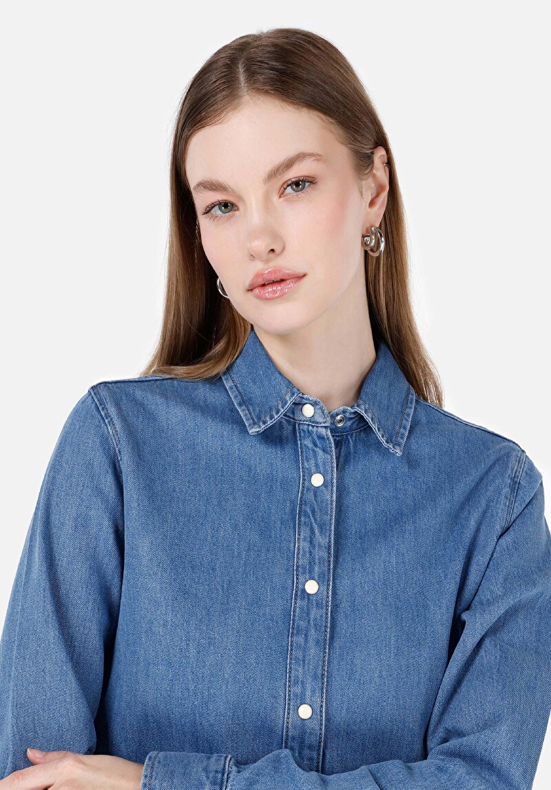 Imagine a Slim Fit Classic Collar Drept Cămașă Albastră Cu Mânecă Lungă Pentru Femei