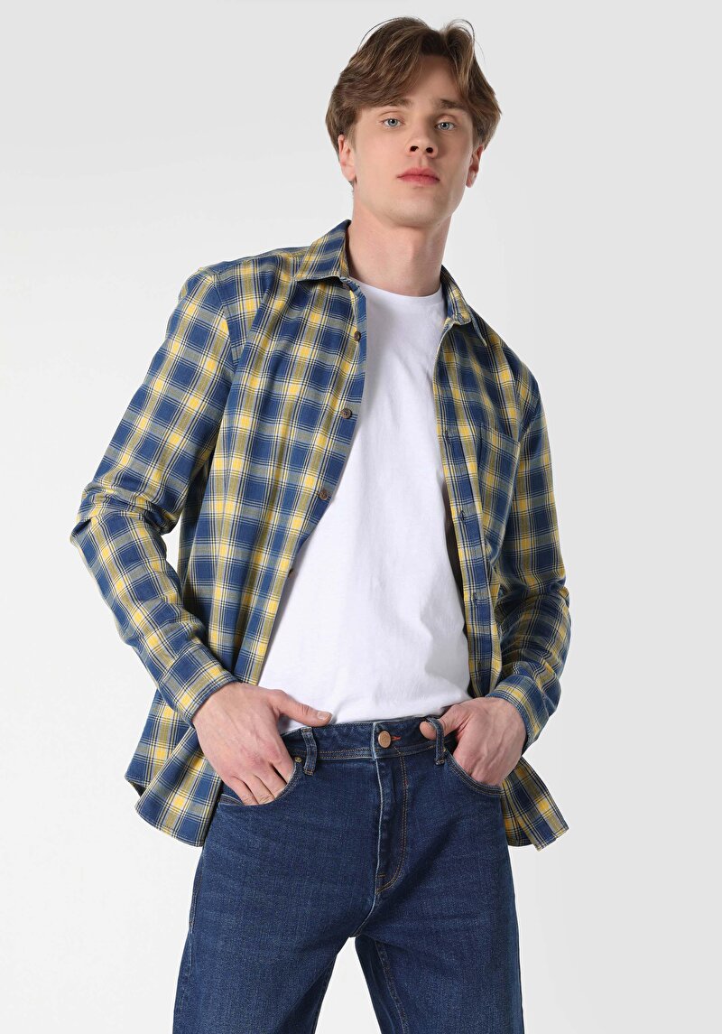 Imagine a Cămașă Slim Fit Gât În Carouri Cămașă Albastră Cu Mânecă Lungă Pentru Bărbați