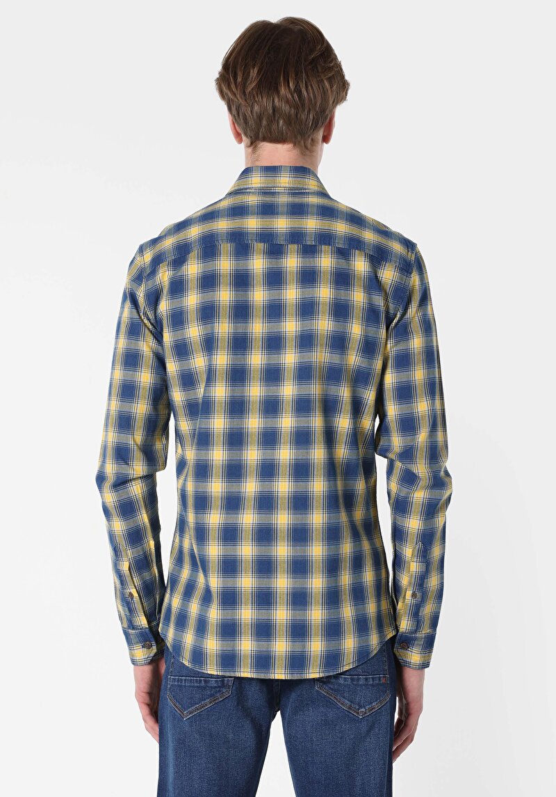 Imagine a Cămașă Slim Fit Gât În Carouri Cămașă Albastră Cu Mânecă Lungă Pentru Bărbați