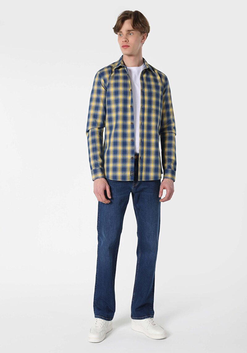 Afișați detalii pentru Cămașă Slim Fit Gât În Carouri Cămașă Albastră Cu Mânecă Lungă Pentru Bărbați