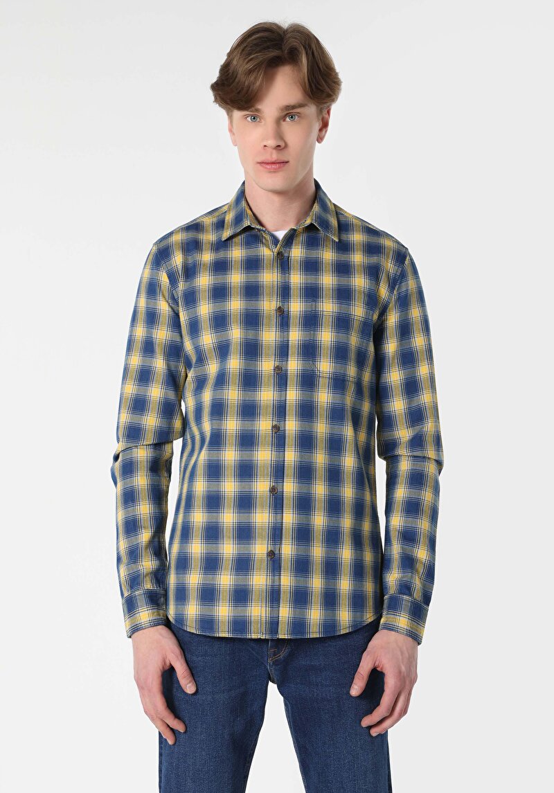 Afișați detalii pentru Cămașă Slim Fit Gât În Carouri Cămașă Albastră Cu Mânecă Lungă Pentru Bărbați