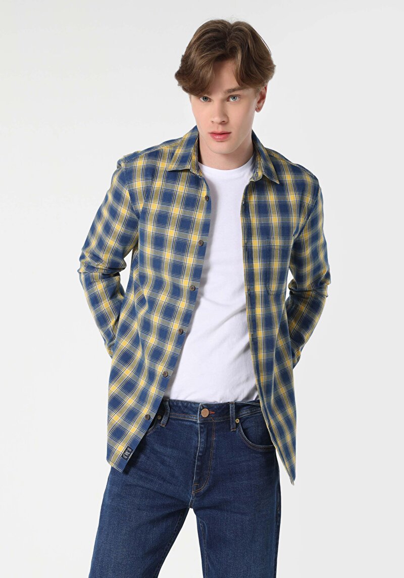 Afișați detalii pentru Cămașă Slim Fit Gât În Carouri Cămașă Albastră Cu Mânecă Lungă Pentru Bărbați