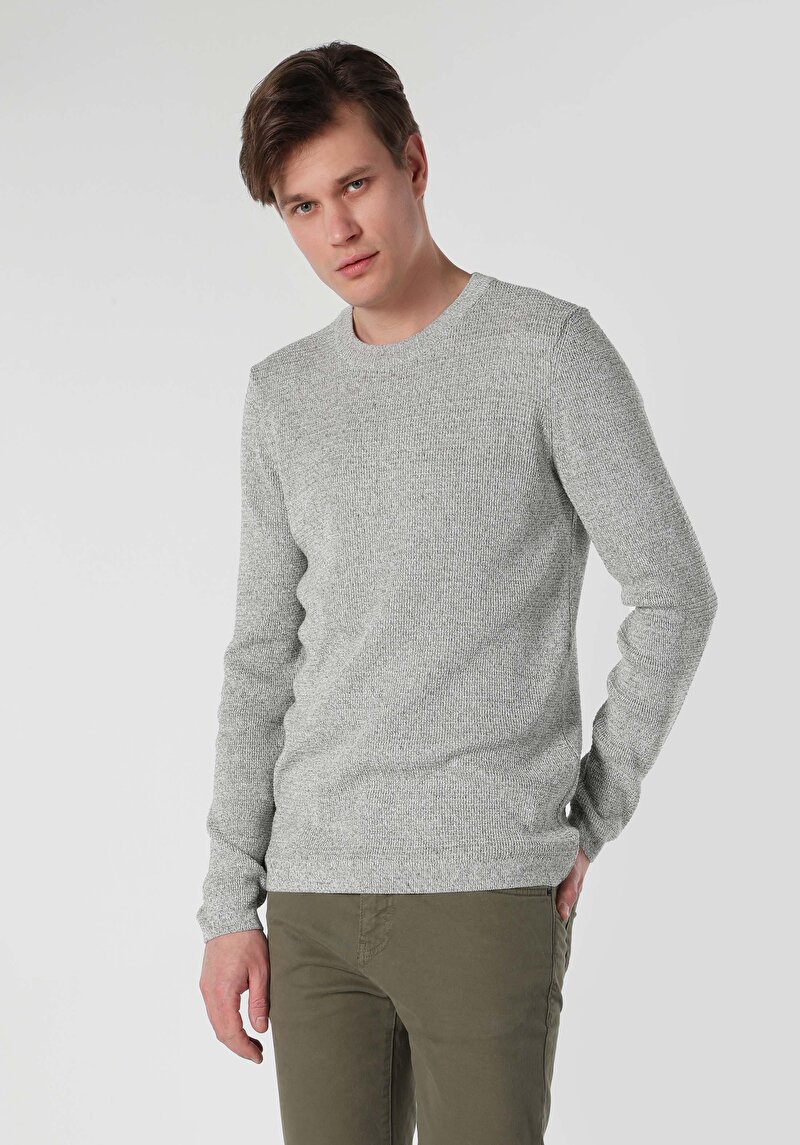 Imagine a Pulover Verde Pentru Bărbați Slim Fit Round Neck Jacquard