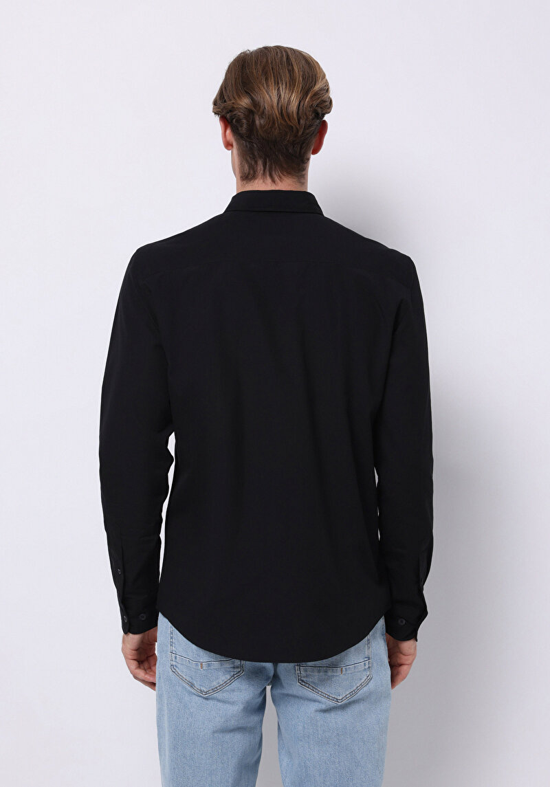 Afișați detalii pentru Cămașă Slim Fit Gât Drept Bărbați Negru Cămașă Cu Mânecă Lungă